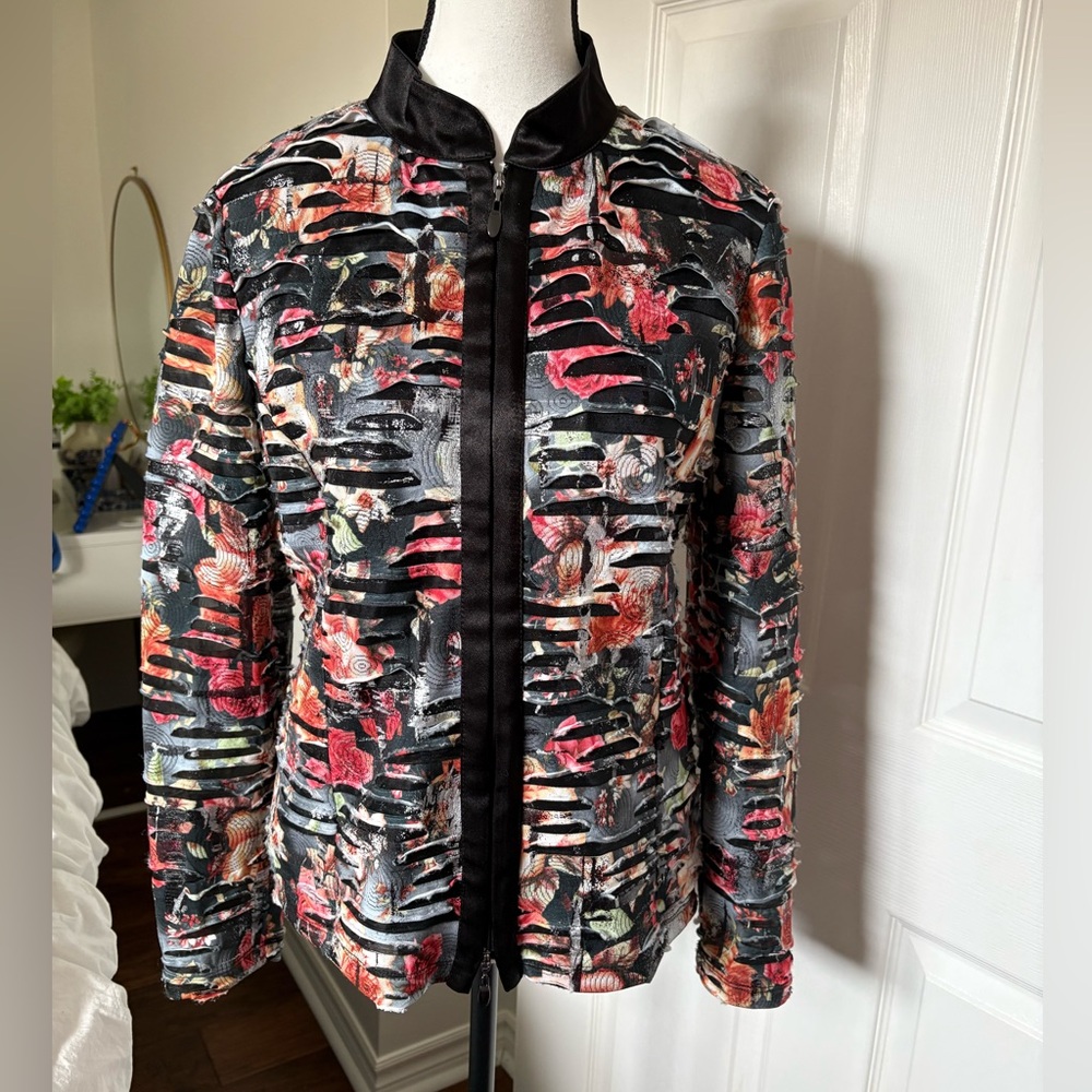 Frank Lyman Floral Mesh Cutout Zip Jacket Size 10 Made in Canada